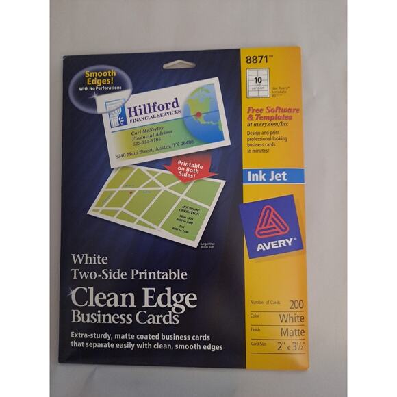 Avery Clean Edge Business Cards Inkjet 2 x 3 1/2 White 200/Pack 8871 - Picture 1 of 5